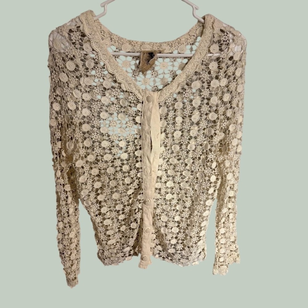 Black Sheep Ivory Crochet Cardigan Sweater Floral Lace Boho V-Neck Medium X0729